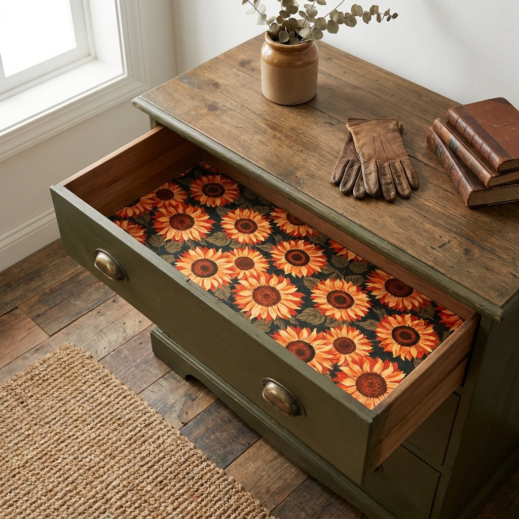 Vintage sunflower wrapping paper used as a drawer liner in a rustic dresser, by Wrapped Studios.
