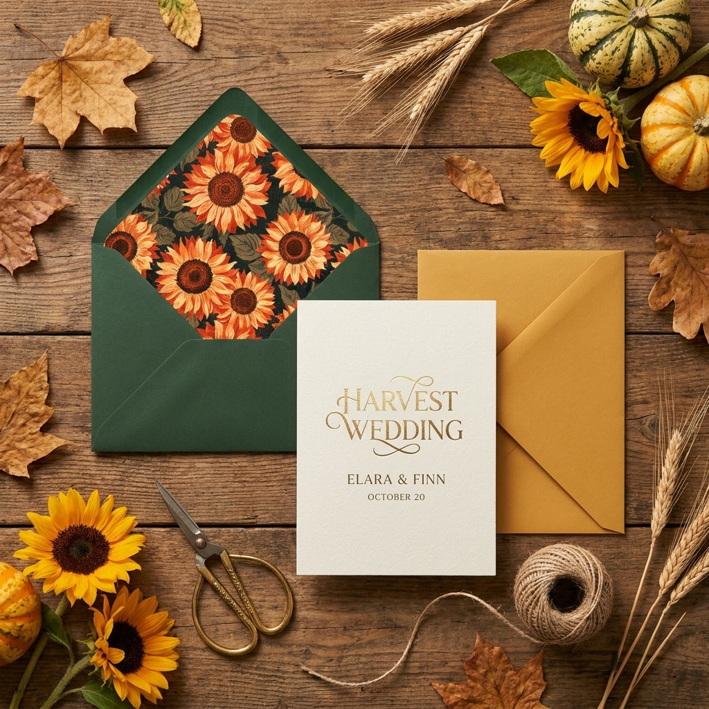 Sunflower fall wedding invitation with green and gold envelopes on wood table by Wrapped Studios.