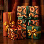 Rustic sunflower wrapping paper and autumn gift wrap with satin ribbons by Wrapped Studios.