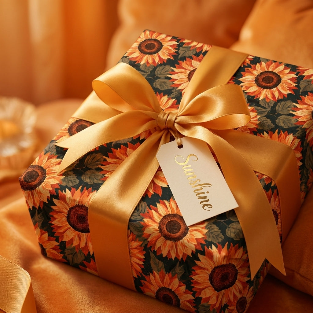 Floral sunflower wrapping paper with a luxury gold satin ribbon on a gift box by Wrapped Studios.