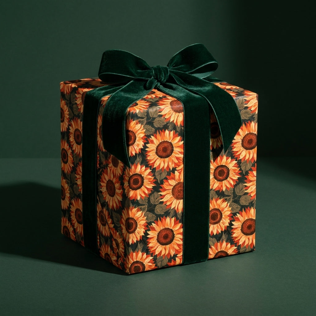 Luxury sunflower wrapping paper with a green velvet bow on a gift box by Wrapped Studios.