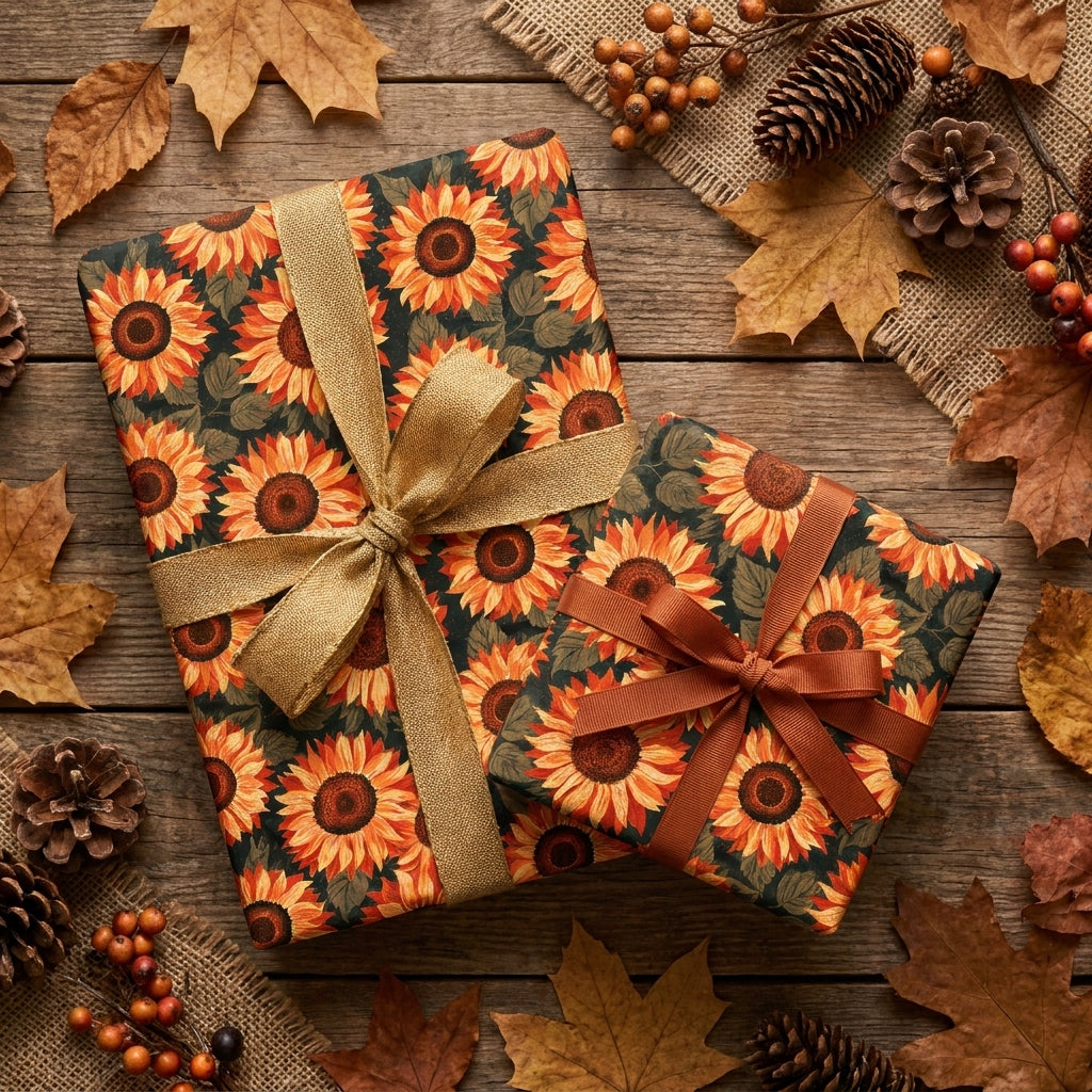 Floral sunflower wrapping paper with ribbons on autumn gift boxes, by Wrapped Studios.