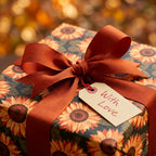 Sunflower wrapping paper with a rustic orange bow and gift tag by Wrapped Studios.