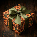 Sunflower floral wrapping paper with a green satin bow on a rustic gift box by Wrapped Studios.