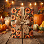 Rustic sunflower Thanksgiving wrapping paper with a burlap bow on a wooden table by Wrapped Studios.