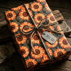 Rustic sunflower wrapping paper on a gift box with twine. Autumn floral gift wrap by Wrapped Studios.