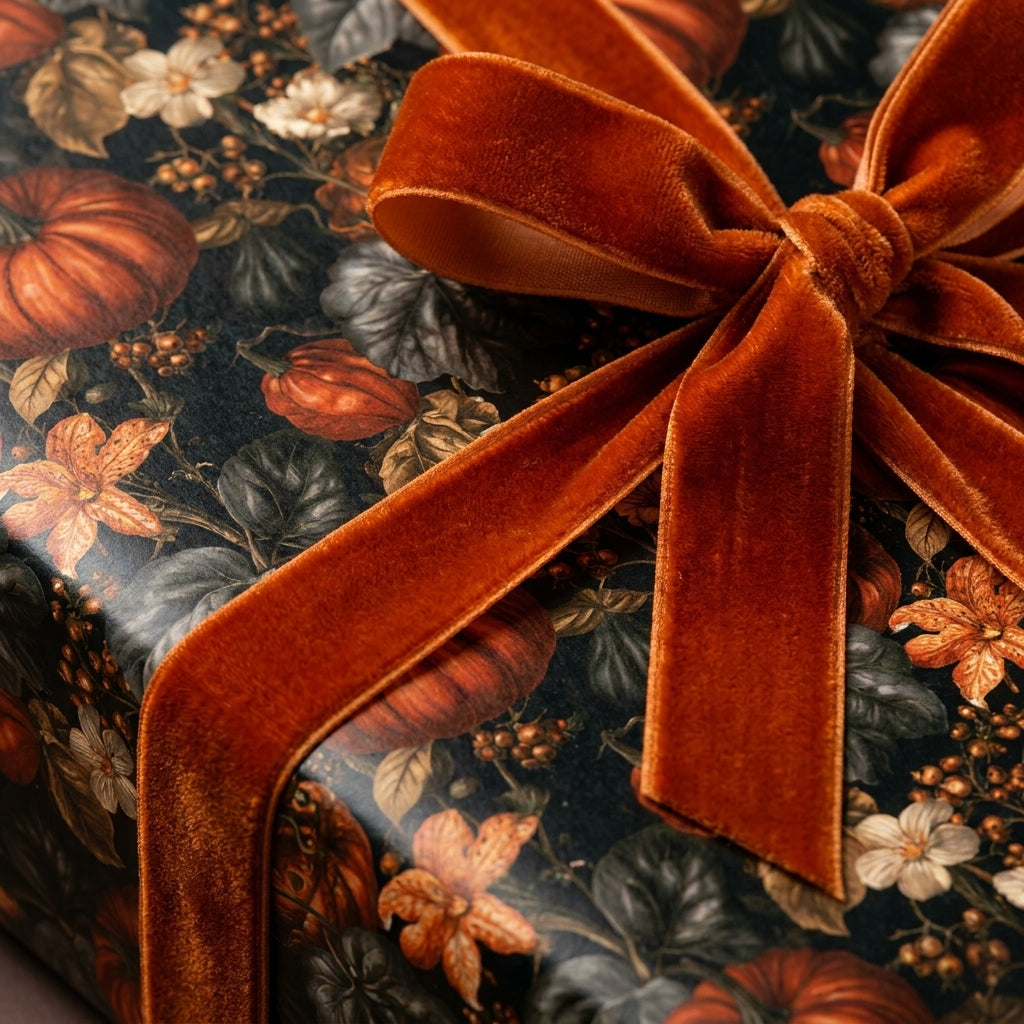 Luxury fall wrapping paper with a pumpkin botanical design and rust velvet bow by Wrapped Studios.
