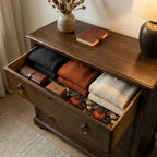 Autumn pumpkin wrapping paper with a dark vintage floral design lining a wooden drawer, by Wrapped Studios.
