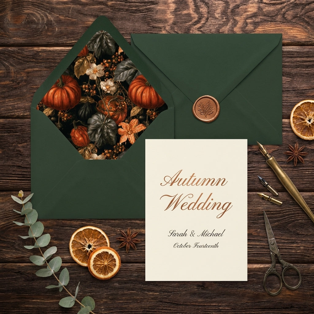 Moody autumn wedding invitation with forest green envelope and botanical pumpkin liner by Wrapped Studios.