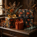 Rustic autumn pumpkin wrapping paper on gift boxes with velvet ribbons by Wrapped Studios.