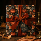 Luxury pumpkin gift wrap with a rust velvet bow and autumn leaves by Wrapped Studios.