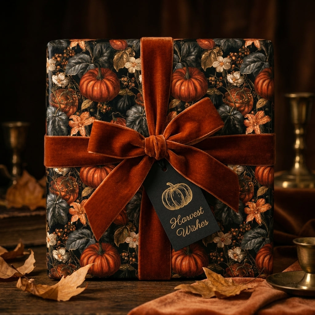 Luxury pumpkin gift wrap with a rust velvet bow and autumn leaves by Wrapped Studios.