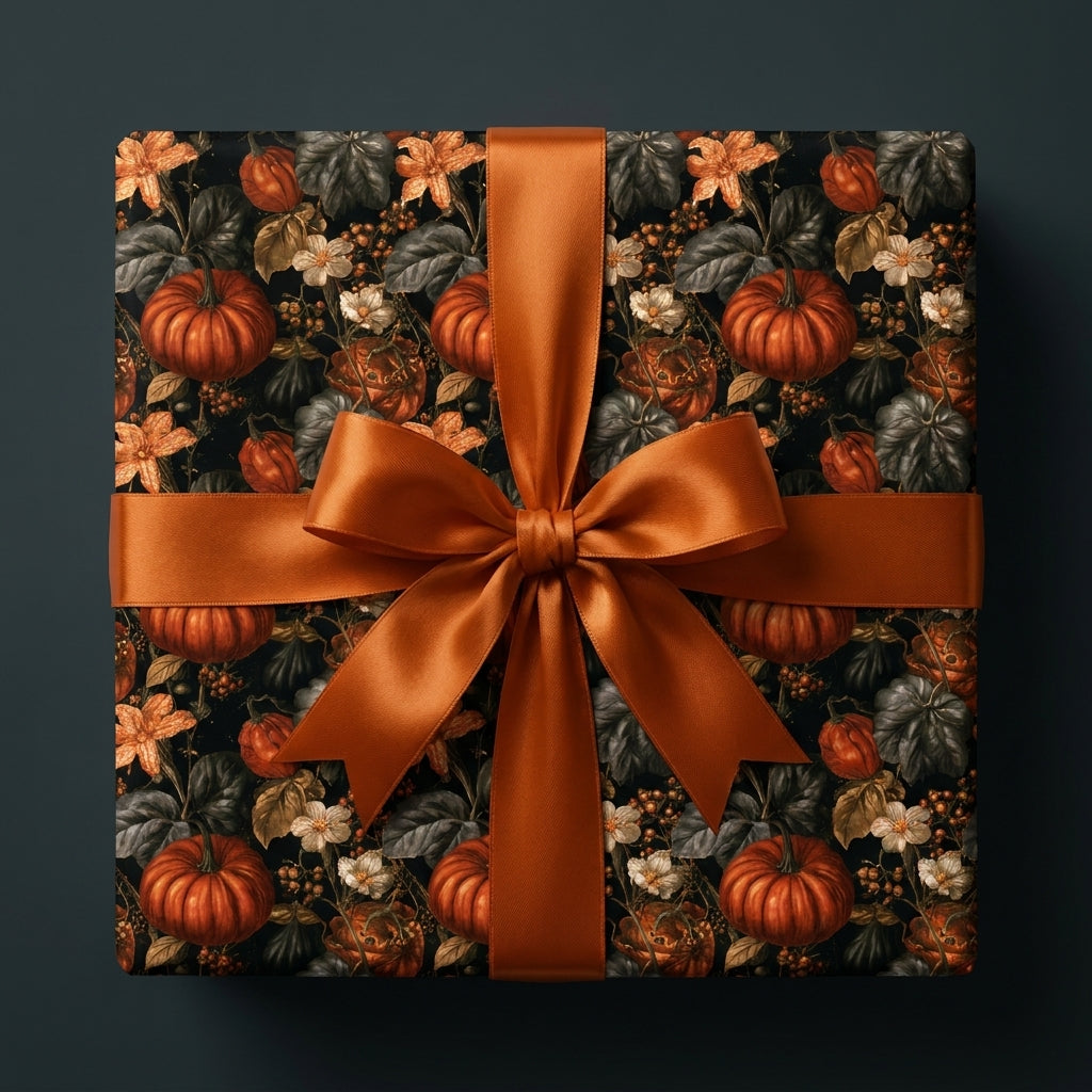 Luxury pumpkin wrapping paper with a copper satin bow for autumn and Thanksgiving gifts by Wrapped Studios.