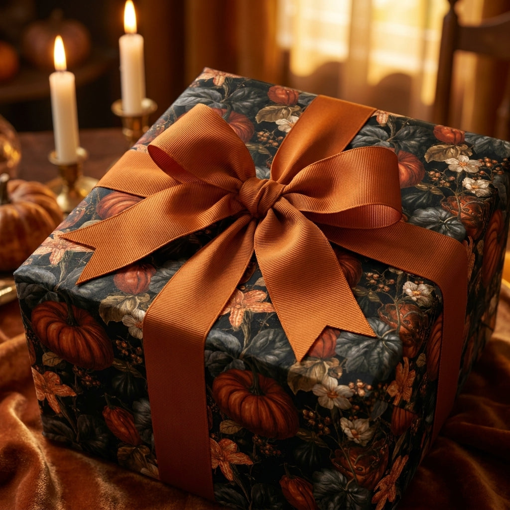 Moody pumpkin autumn wrapping paper with a burnt orange grosgrain ribbon by Wrapped Studios.
