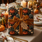 Fall pumpkin wrapping paper with a gold velvet bow on a Thanksgiving table by Wrapped Studios.