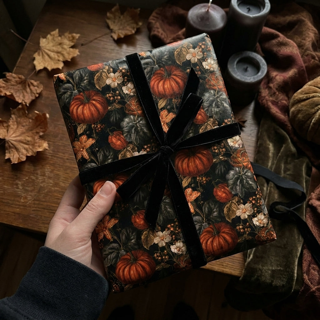 Luxury autumn wrapping paper with a vintage pumpkin pattern and black velvet ribbon, by Wrapped Studios.