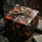 Vintage pumpkin wrapping paper by Wrapped Studios on a gift box tied with rustic twine.