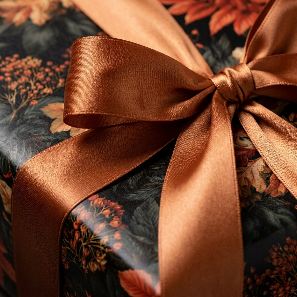 Luxury dark floral wrapping paper with a copper satin bow by Wrapped Studios.