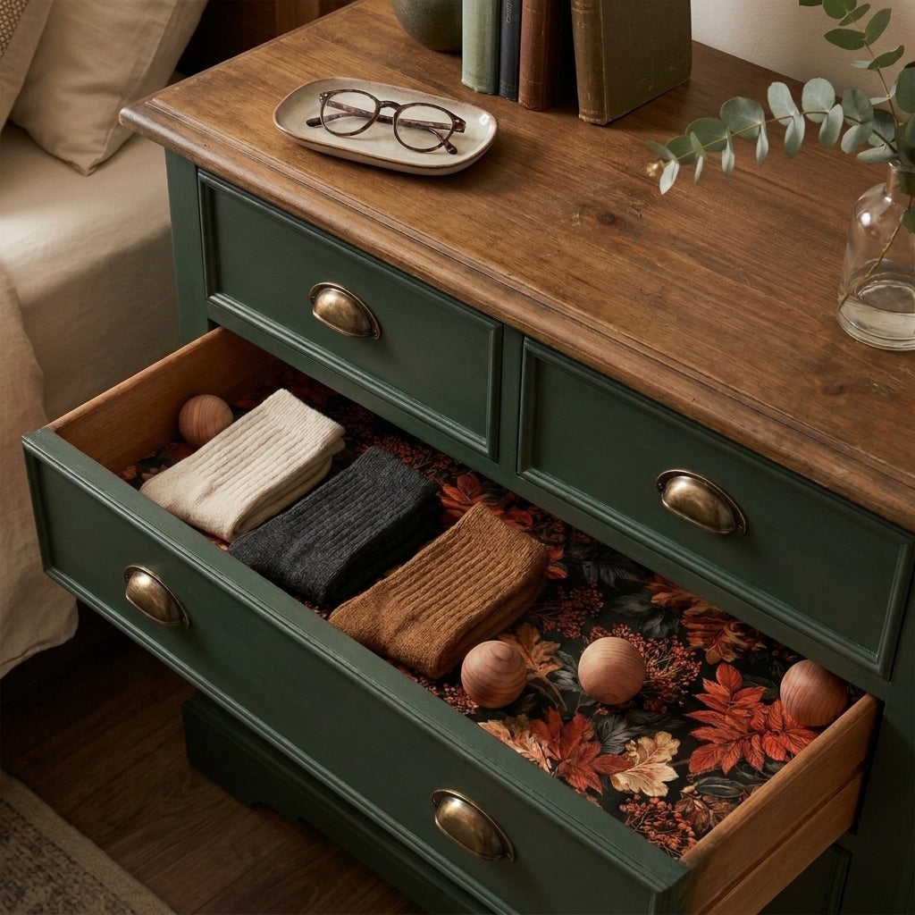 Autumn botanical gift wrap lining a green dresser drawer with cozy socks, by Wrapped Studios.
