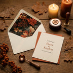Rustic autumn wedding invitation with a botanical leaf envelope liner by Wrapped Studios.