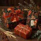Luxury autumn floral wrapping paper with rust velvet ribbon and twine by Wrapped Studios.