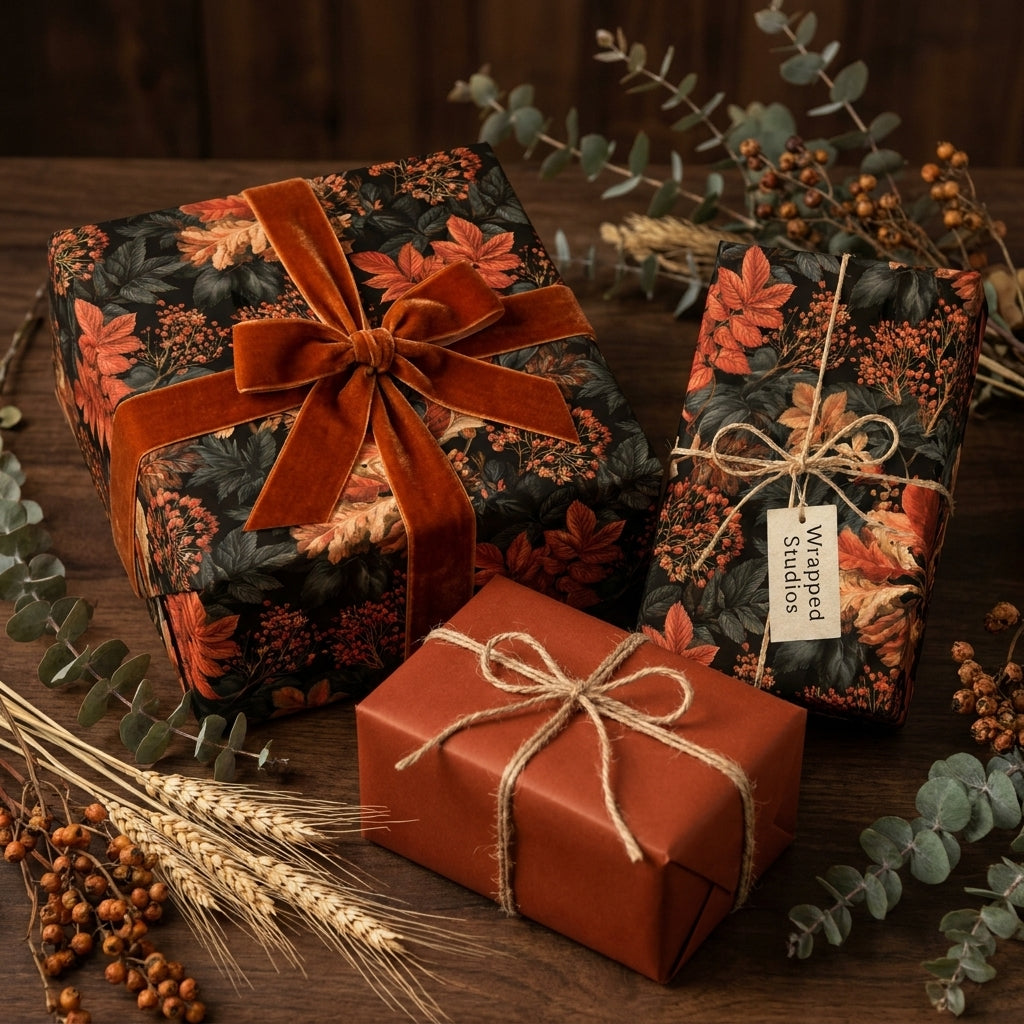 Luxury autumn floral wrapping paper with rust velvet ribbon and twine by Wrapped Studios.