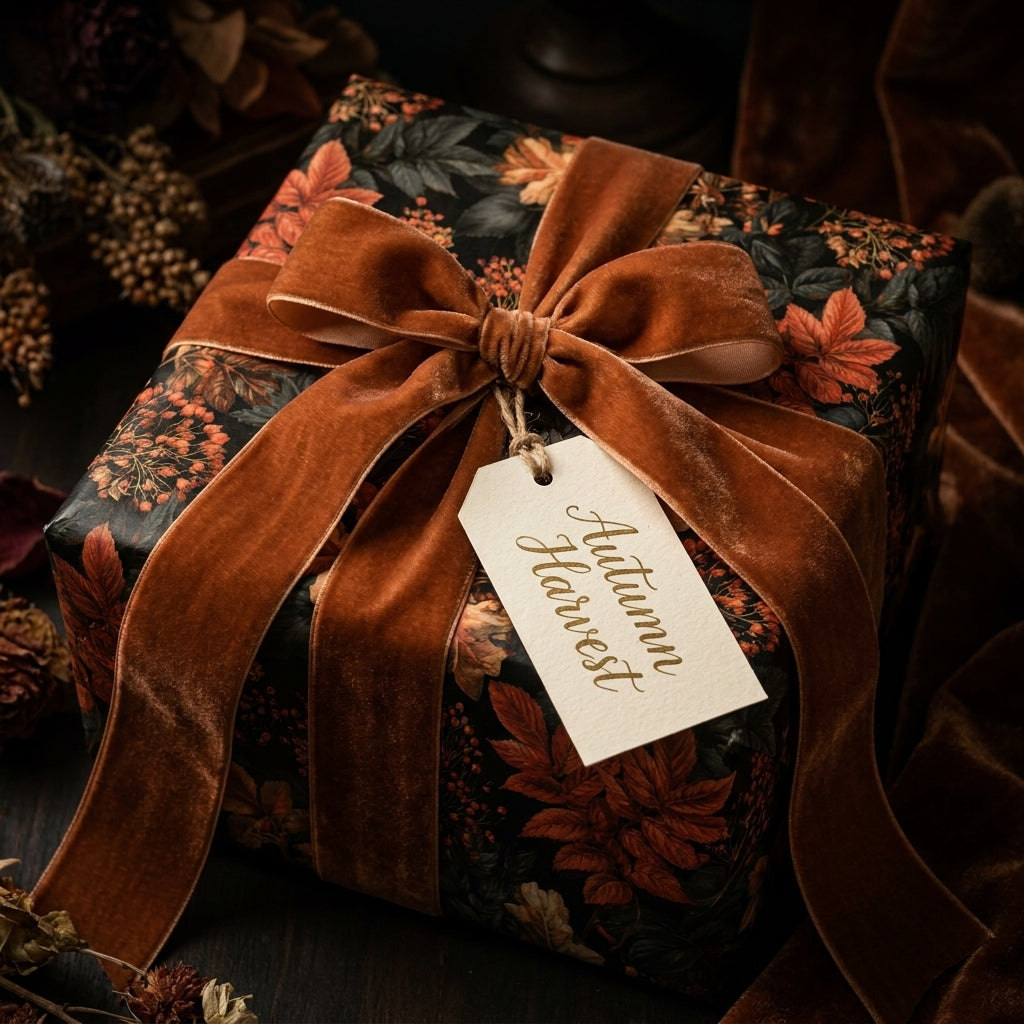 Luxury fall floral wrapping paper with a rust velvet bow and gift tag by Wrapped Studios.