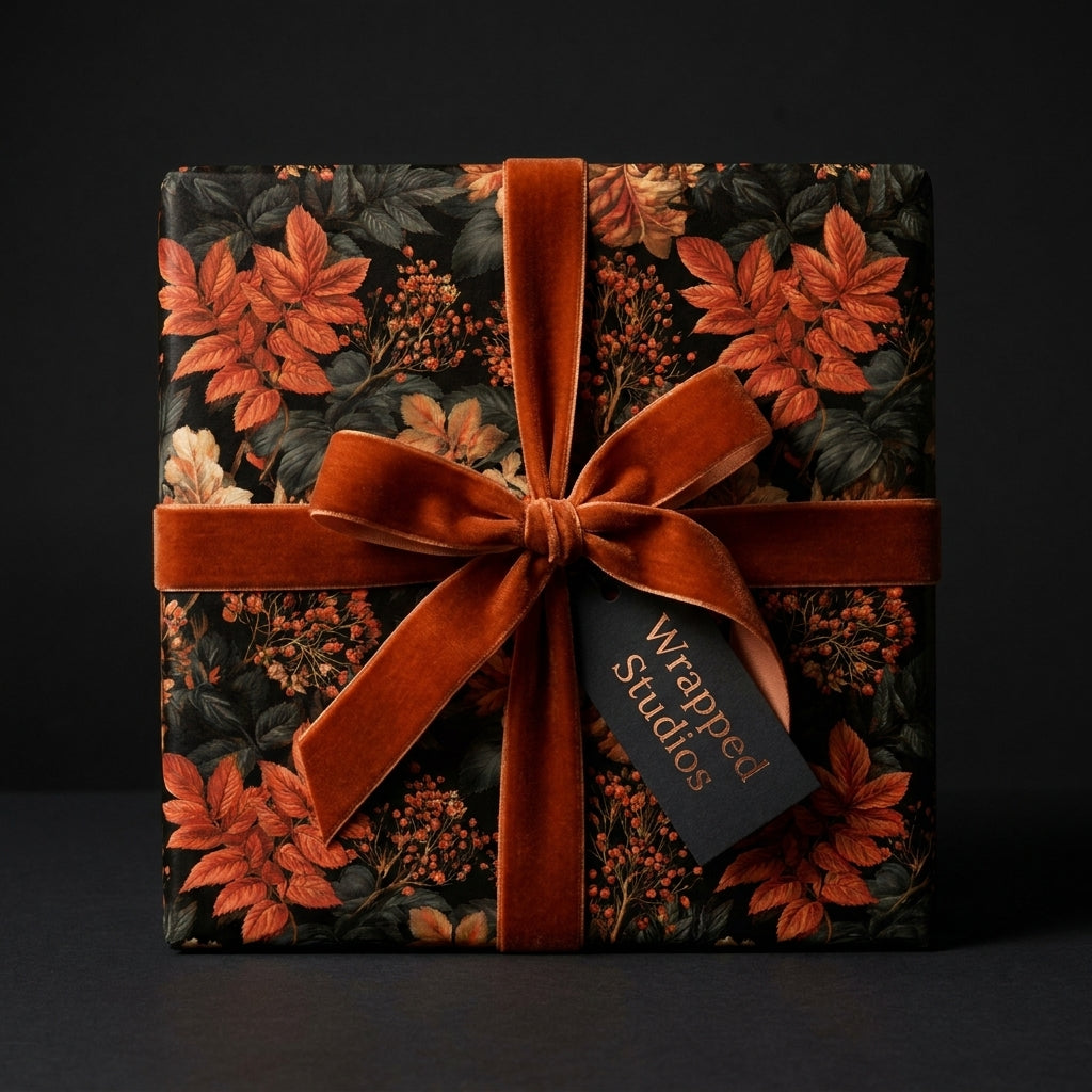 Luxury autumn floral wrapping paper with rust velvet ribbon and tag by Wrapped Studios.