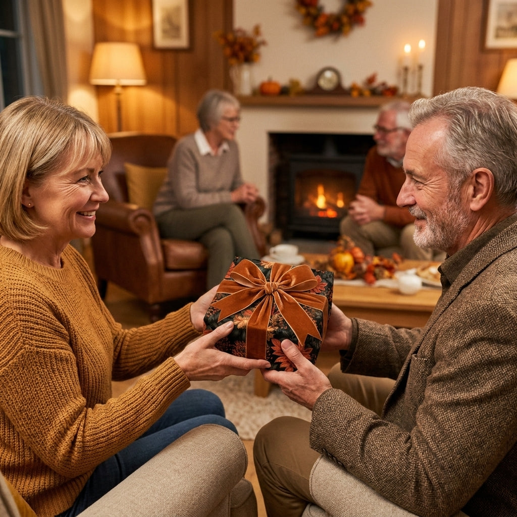 Couple exchanging gift wrapped in luxury autumn floral wrapping paper and rust velvet bow by Wrapped Studios.