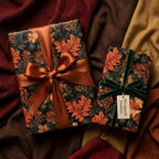 Luxury fall wrapping paper with rust leaf botanical print and velvet ribbon, by Wrapped Studios.