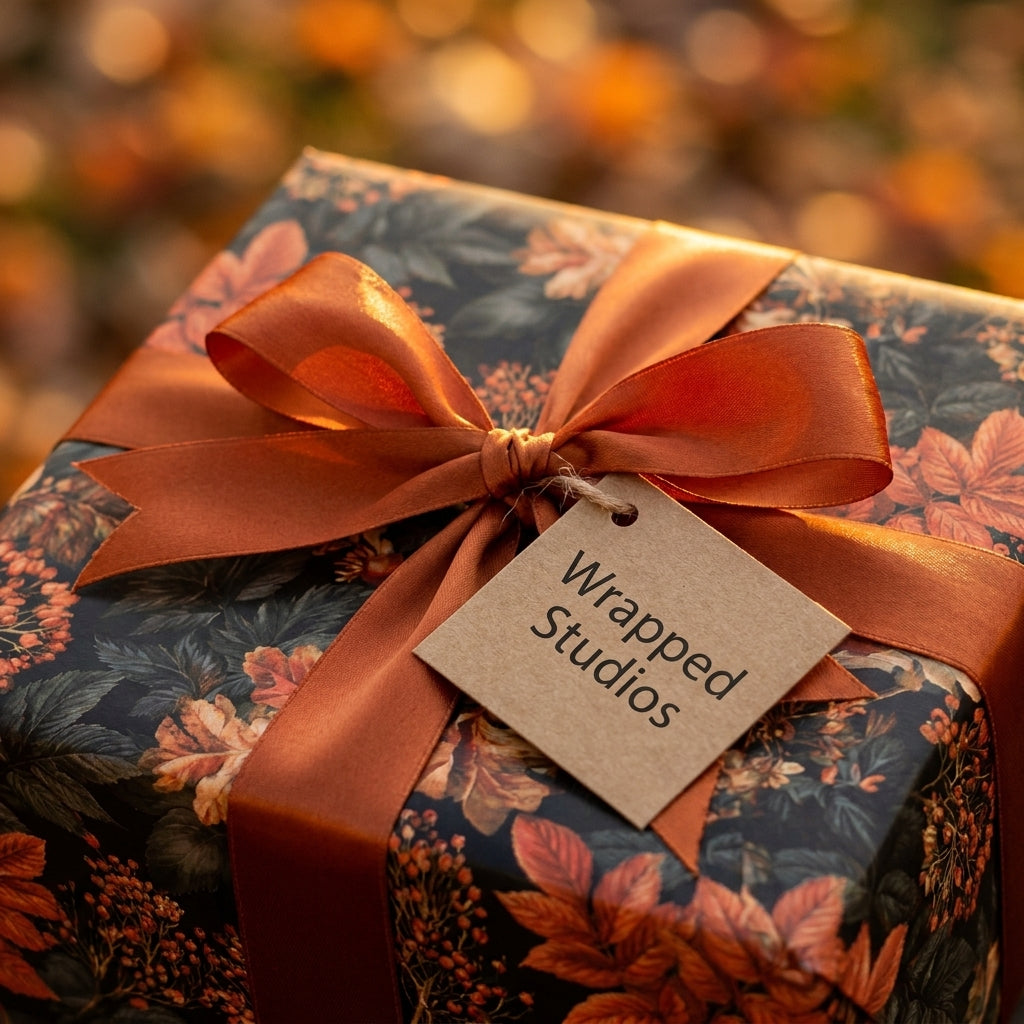Autumn floral wrapping paper by Wrapped Studios with rust satin ribbon on a luxury gift box.