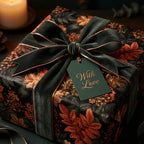 Luxury fall botanical wrapping paper with dark green velvet bow on a gift box, by Wrapped Studios.
