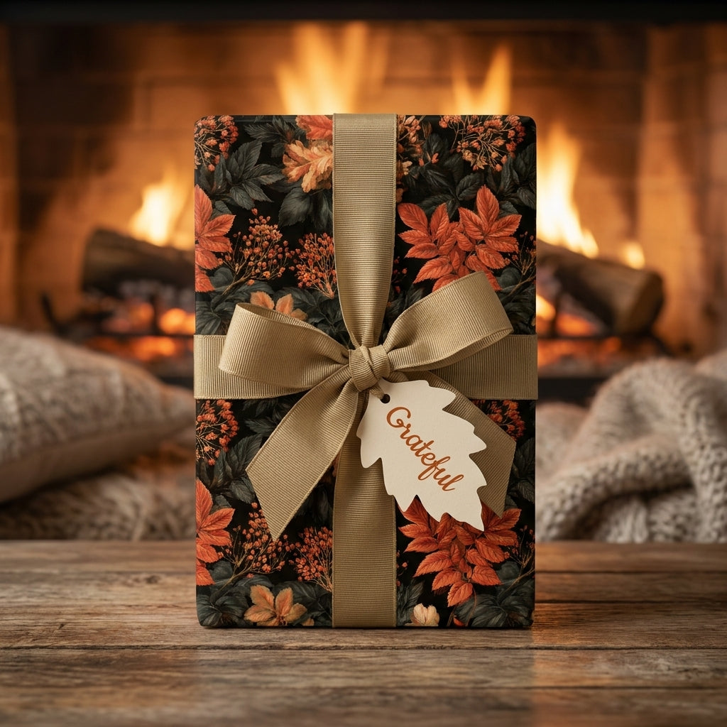 Thanksgiving wrapping paper with autumn leaves and a gold bow by Wrapped Studios.