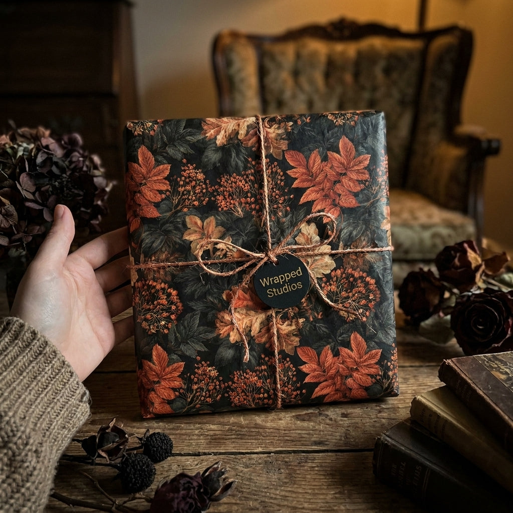 Luxury autumn floral wrapping paper on a gift tied with rustic twine, by Wrapped Studios.