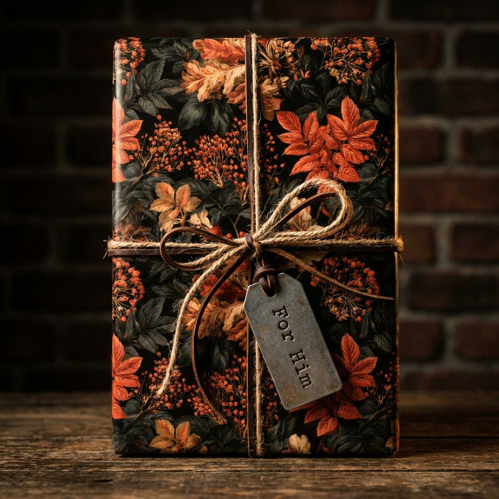 Vintage autumn floral wrapping paper with twine and 'For Him' tag on a gift box by Wrapped Studios.
