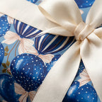 Blue balloon birthday wrapping paper tied with an elegant cream satin bow by Wrapped Studios.