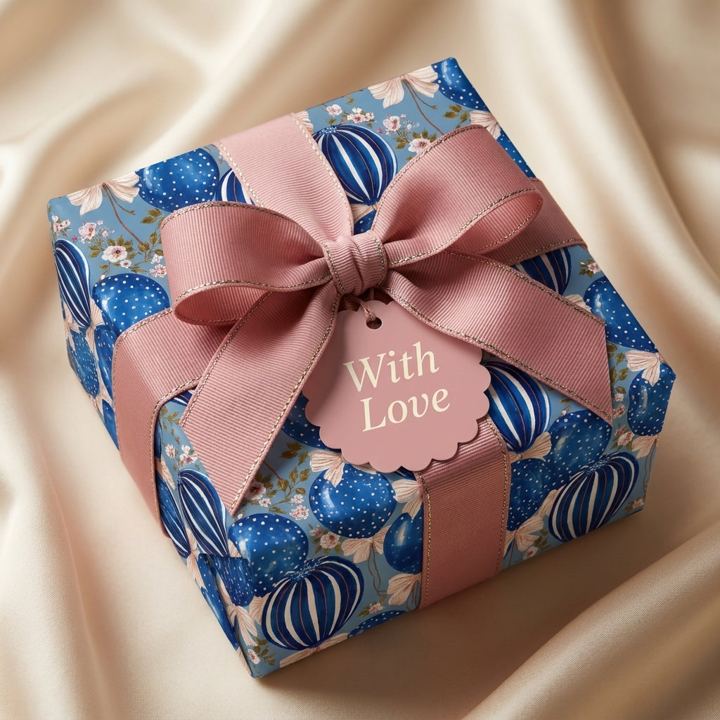 Luxury blue floral wrapping paper with a pink bow and 'With Love' tag by Wrapped Studios.