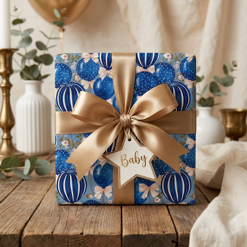 Blue balloon baby shower wrapping paper with a gold satin ribbon and star tag by Wrapped Studios.