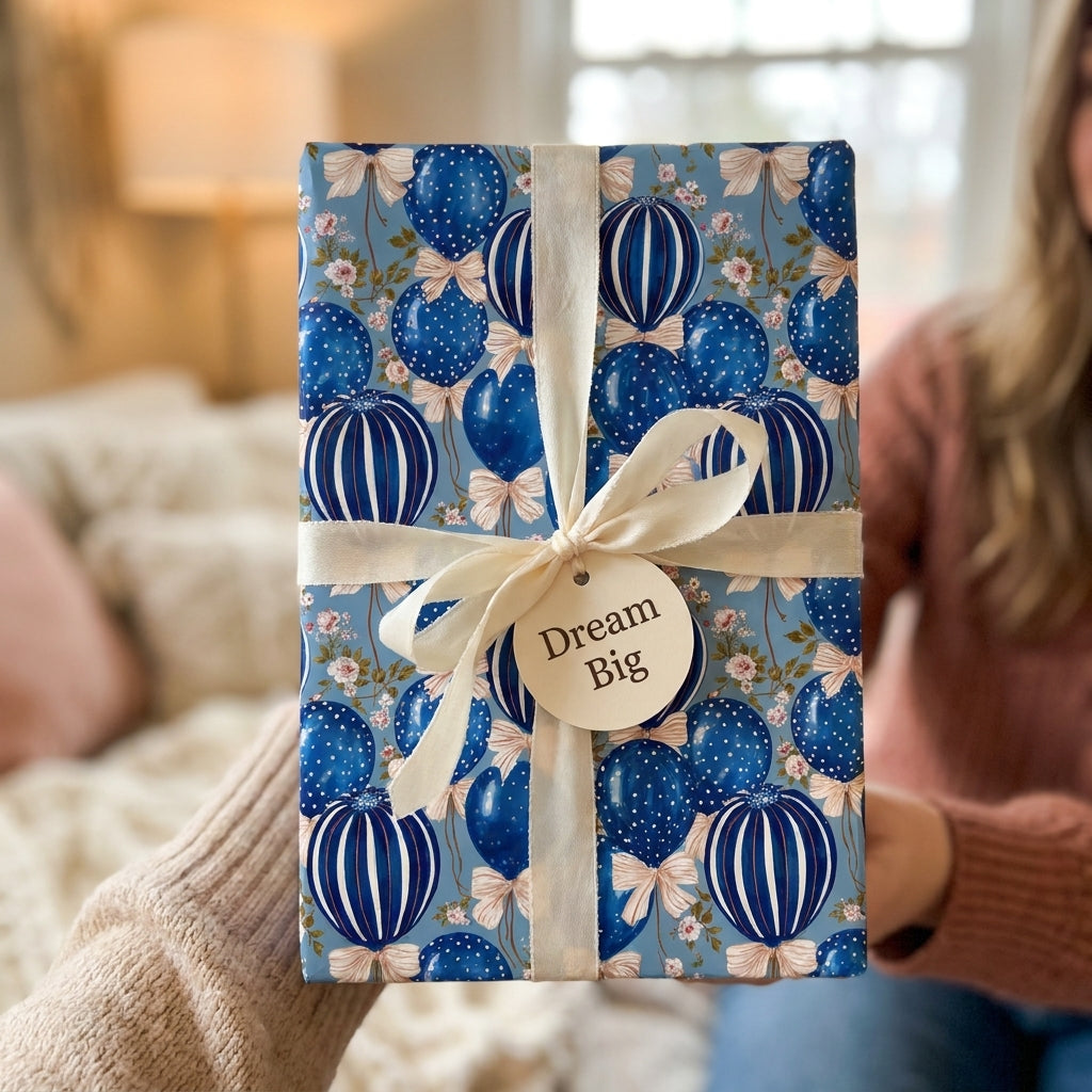 Blue balloon birthday wrapping paper with cream ribbon and Dream Big tag by Wrapped Studios.