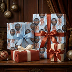 Vintage blue hot air balloon wrapping paper by Wrapped Studios on elegant copper-ribboned holiday gifts.