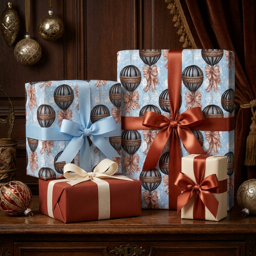 Vintage blue hot air balloon wrapping paper by Wrapped Studios on elegant copper-ribboned holiday gifts.