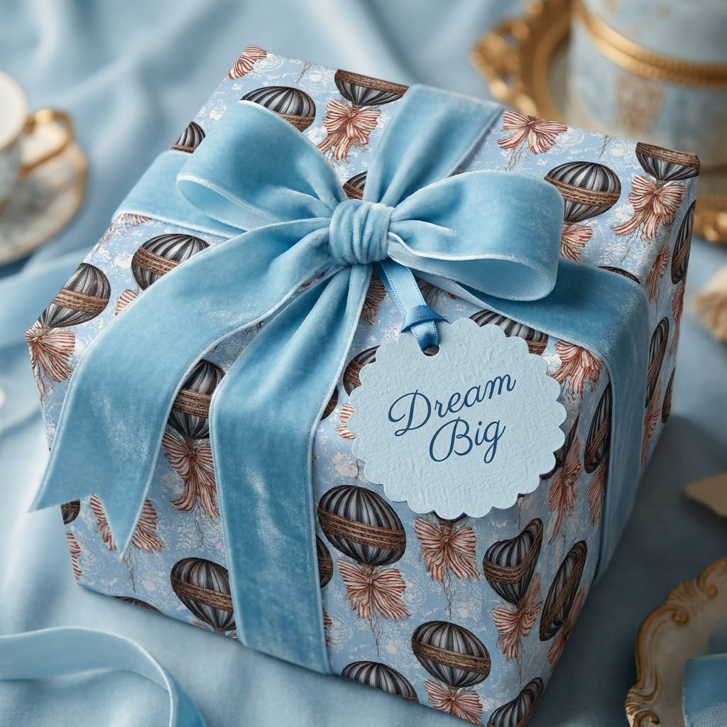 Hot air balloon baby shower wrapping paper with luxury blue velvet ribbon by Wrapped Studios.