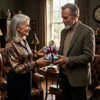 Senior couple holding a gift in vintage hot air balloon wrapping paper with red velvet bow by Wrapped Studios.