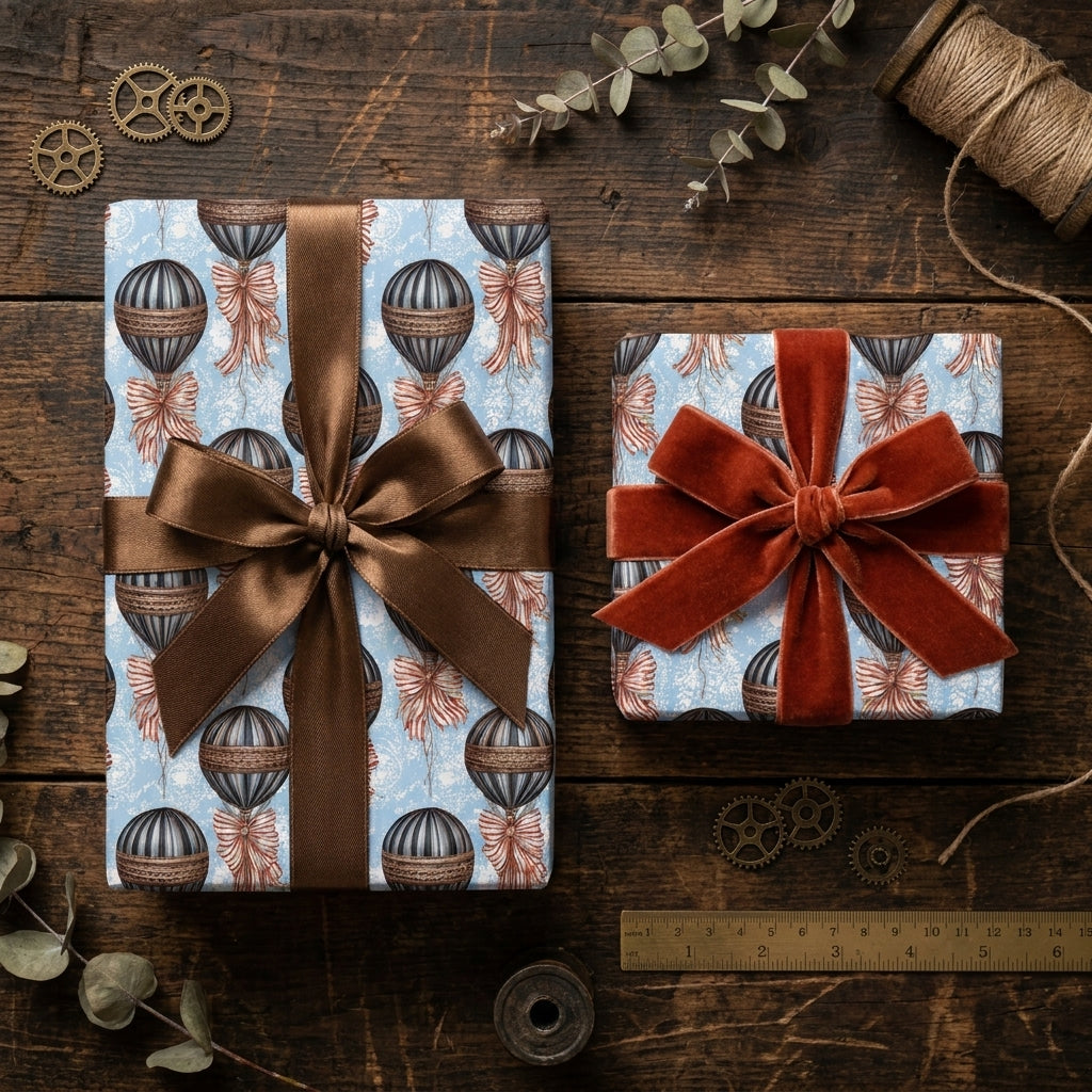 Vintage hot air balloon wrapping paper with luxury velvet ribbons on rustic wood by Wrapped Studios.