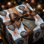 Vintage hot air balloon wrapping paper with bronze ribbon and For You tag by Wrapped Studios.