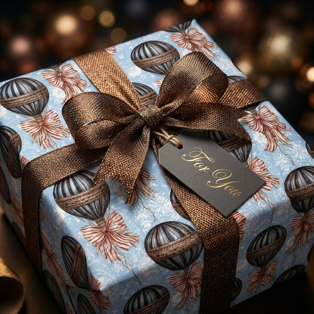 Vintage hot air balloon wrapping paper with bronze ribbon and For You tag by Wrapped Studios.