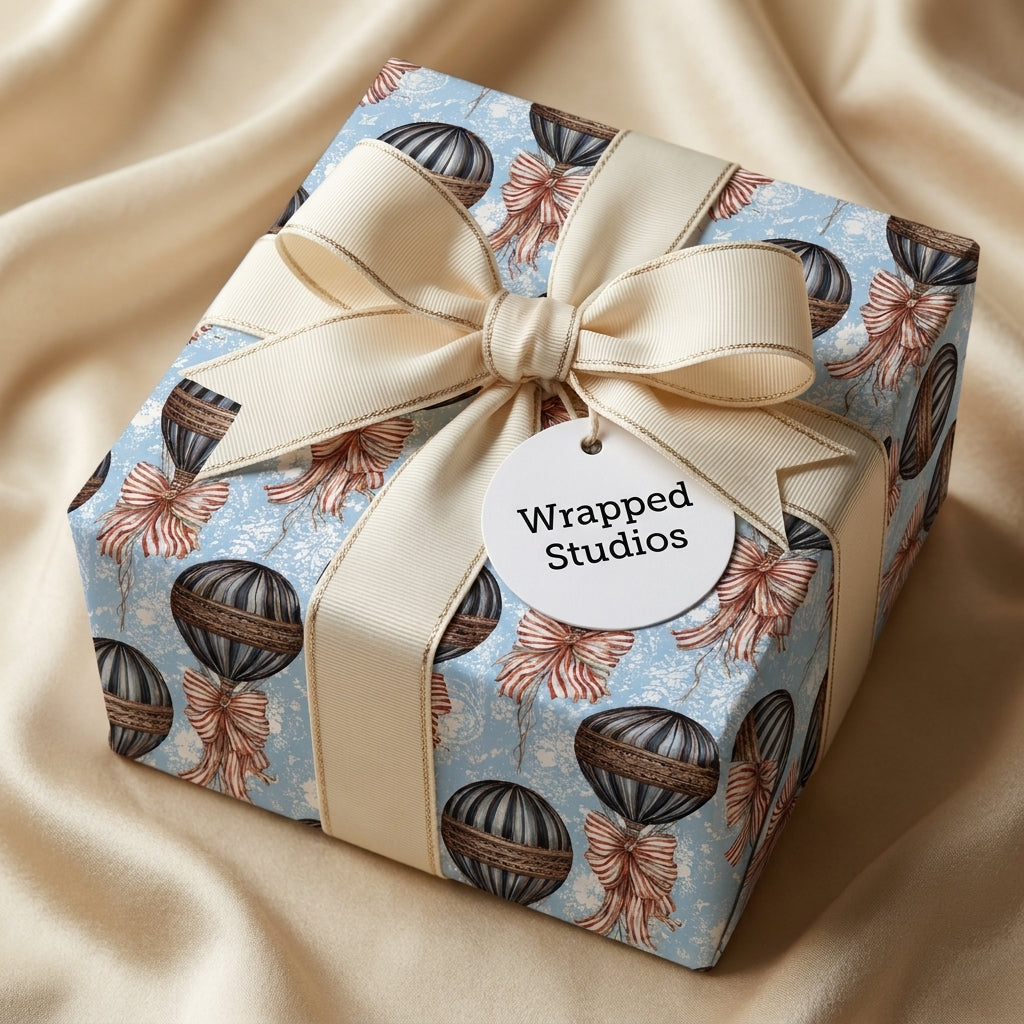 Vintage hot air balloon wrapping paper by Wrapped Studios on a luxury gift box with a cream bow.