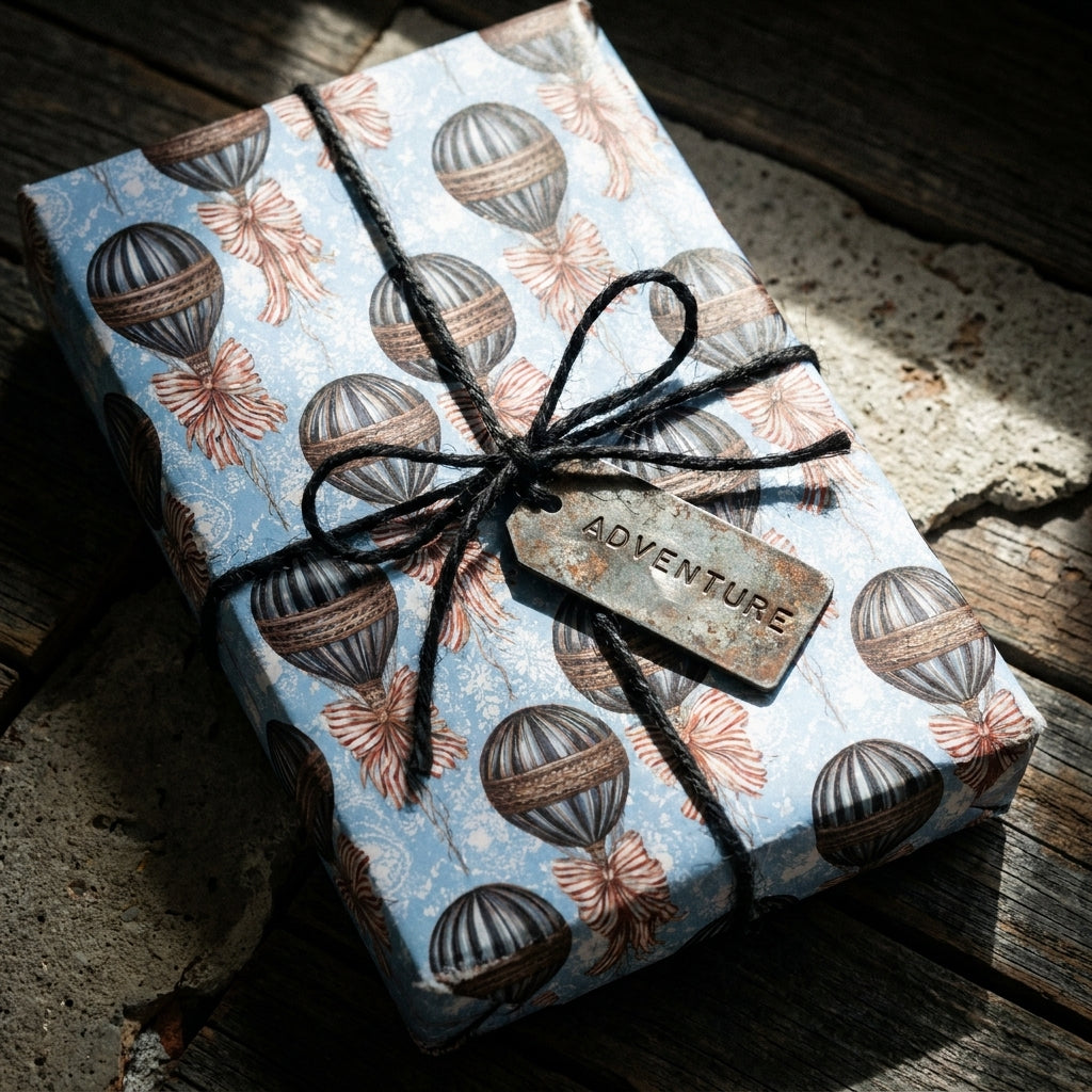 Vintage hot air balloon wrapping paper with black twine and an adventure tag on a gift box by Wrapped Studios.