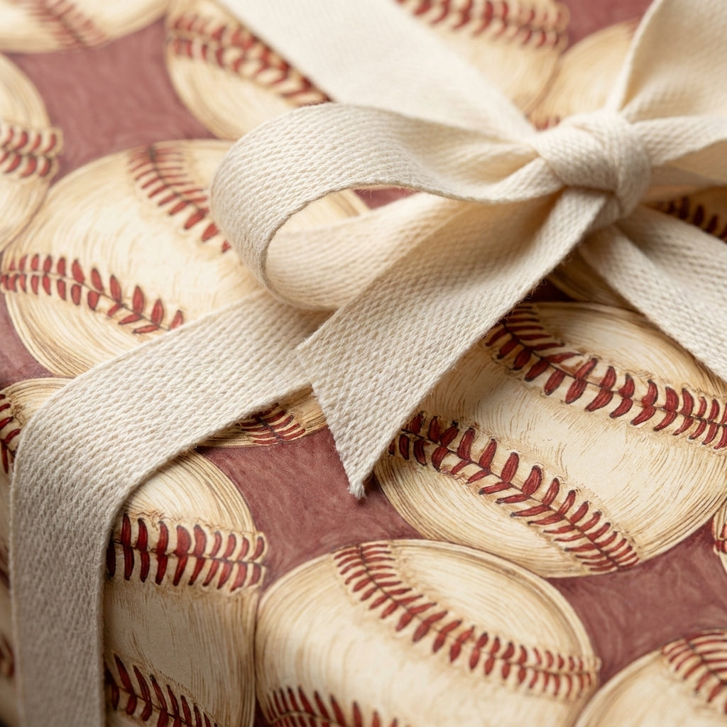 Vintage baseball wrapping paper with a cream cotton ribbon bow, sports gift wrap by Wrapped Studios.