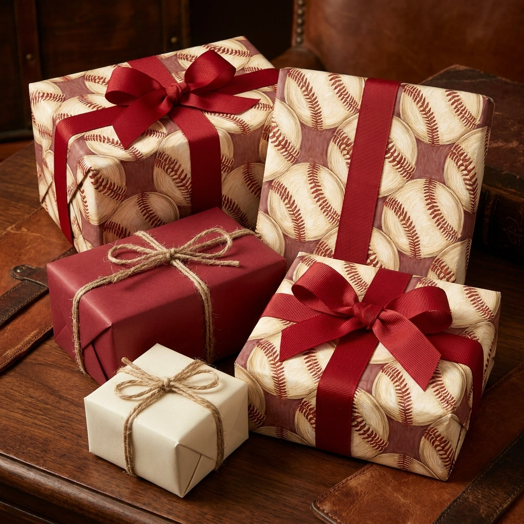 Vintage baseball wrapping paper on gift boxes with red ribbons by Wrapped Studios.